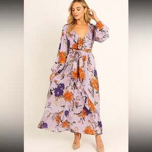 H&M Rayon Midi Floral Print Frills Dress Lavender Orange New with tags Size M